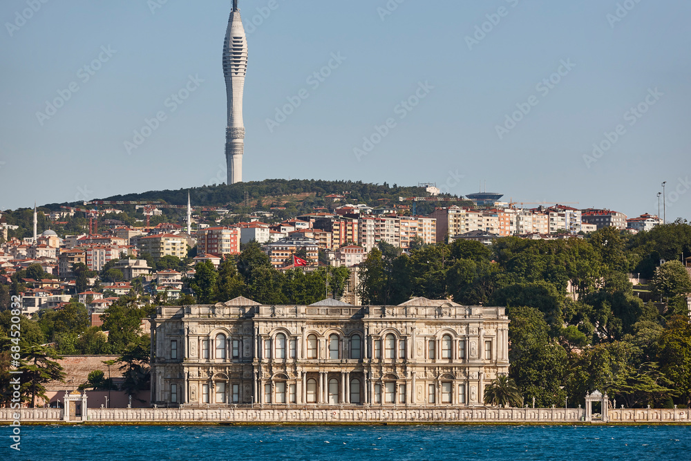 Beylerbeyi Palace, comunication tower and Bosphorus strait. Istanbul, Turkey