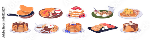 American pancake stacks, sweet crepes set. Pan cakes with jam, fruits, berries, maple and caramel syrup, chocolate topping, honey, bacon. Flat graphic vector illustrations isolated on white background photo