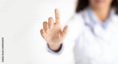 Photos Unrecognizable Doctor Woman Pressing Key On Invisible Medical Touchscreen