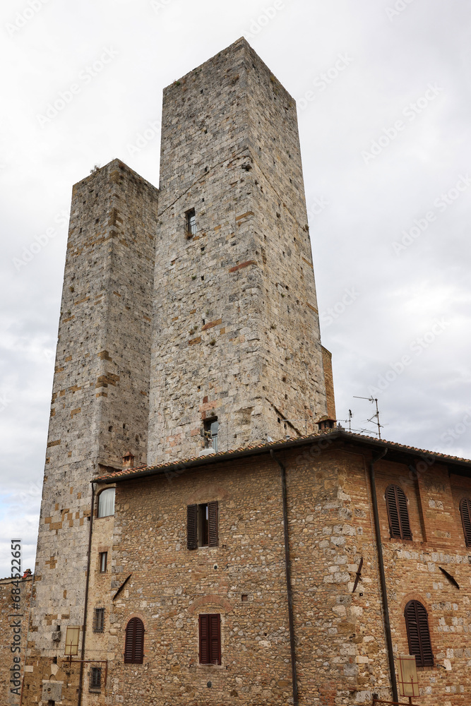 The Salvucci Towers, also called the Twin Towers in the old town of San Gimignano, Tuscany, Italy