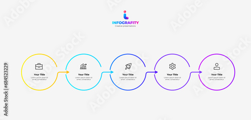 Horizontal progress diagram with five outline elements. Concept of 5 steps of business timeline. Creative infographic design template