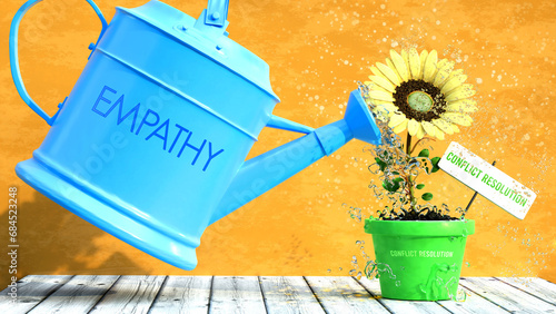 Empathy grows conflict resolution. A metaphor in which empathy is the power that makes conflict resolution to grow. Same as water is important for flowers to blossom.,3d illustration