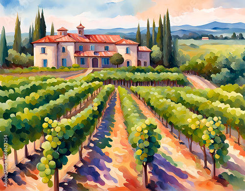 Watercolour landscape with a view through vineyards onto a traditional mediterranean stone house. Amazing digital illustration. CG Artwork Background © Irina B