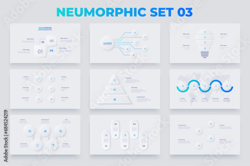 Nine slides with neumorphic infographics elements. Timelines, pyramid, lightbulb and cycle diagrams. Set of Infograph concept with 4, 5, 6 and 7 options