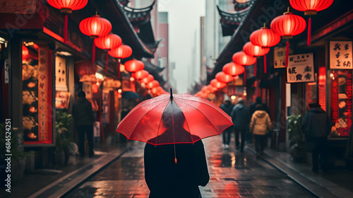 People woman walking in chinatown shopping street. Rainy day girl tourist under red oriental umbrella in narrow alleys on china travel in Shanghai. generative ai. photo