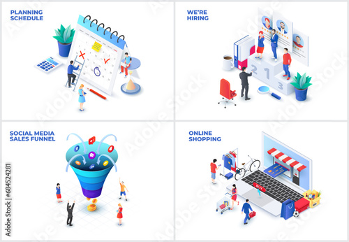 Isometric set with planning schedule, hiring, sales funnel and online shopping