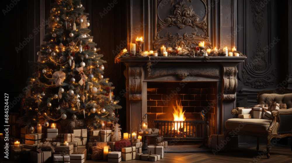 Close view of a Large Christmas gold luminous and silver tree with lots of paper gifts in front of a sculpted stone fireplace with many candles and a warm light