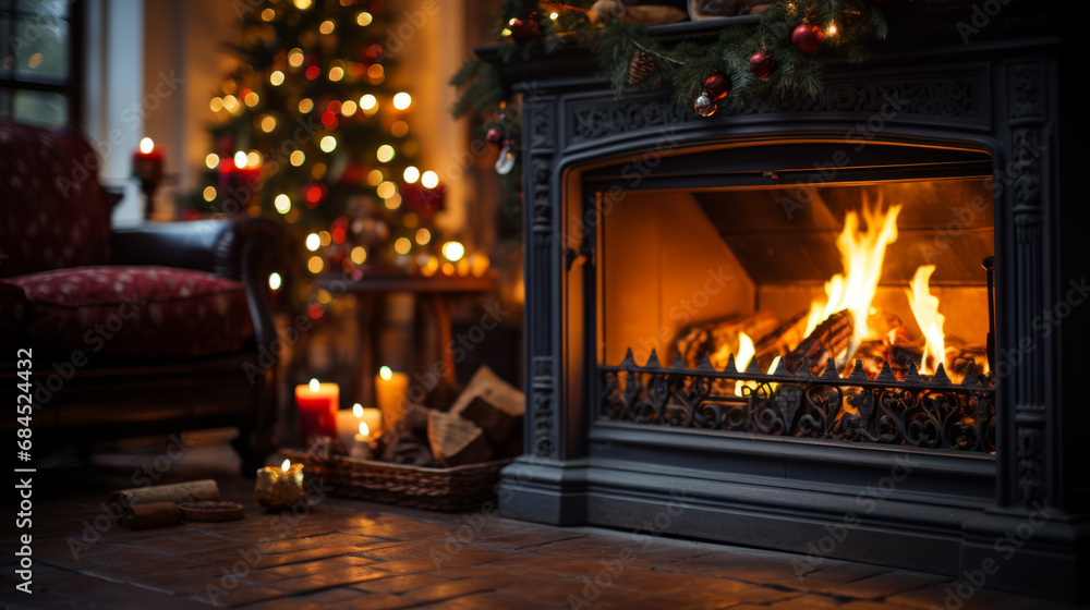 Close-up of a forged metallic fireplace with a warm fire and some Christmas decorations with a blurry luminous Christmas tree in background