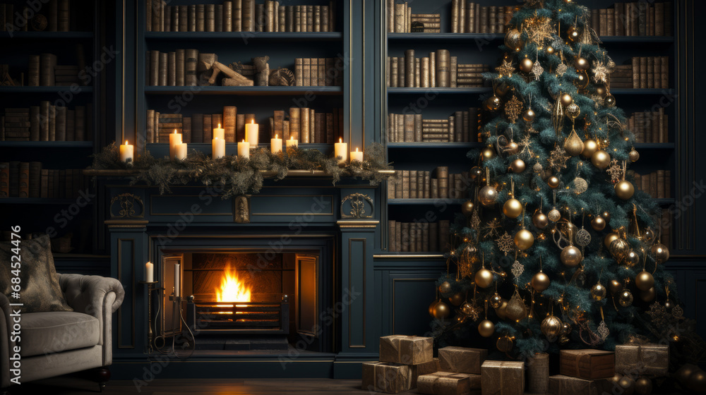 Closer view of a Large Christmas golden tree with many golden gifts in front of wall bookcases and a sculpted stone fireplace with some candles and a warm mood