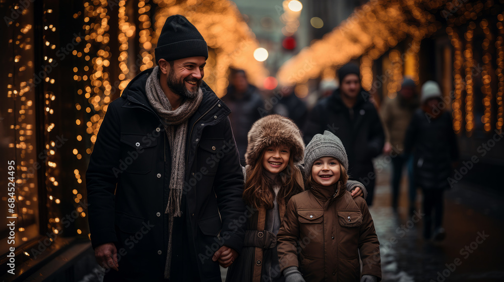 Front view of a smiling daddy with his two young smiling daughters dressed with winter clothes walking in a street with many blurry luminous Christmas decorations