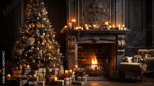 Close view of a Large Christmas gold luminous and silver tree with lots of paper gifts in front of a sculpted stone fireplace with many candles and a warm light
