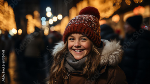 Close-up Portrait of an happy long hair girl with a red bobble cap and a scarf with a blurry night street and lights in background photo