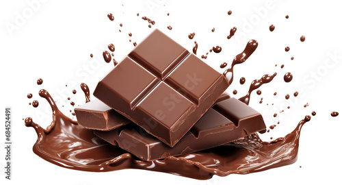 Delicious chocolate bar pieces falling into chocolate splash, cut out photo