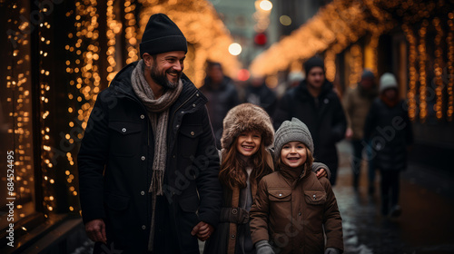Front view of a smiling daddy with his two young smiling daughters dressed with winter clothes walking in a street with many blurry luminous Christmas decorations