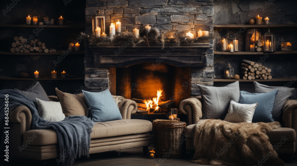 Warm Living Room in sophisticated rustic style with many candles two Comfortable classic Sofas with some cushions in front of a Stone Fireplace