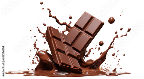 Delicious chocolate bar pieces falling into chocolate splash, cut out