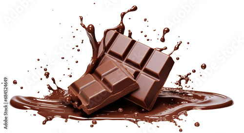 Delicious chocolate bar pieces falling into chocolate splash, cut out photo