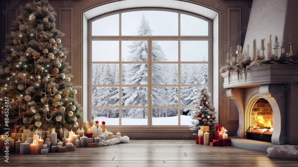 Christmas winter interior of modern living room with fireplace Christmas winter interior of modern living room with fireplace