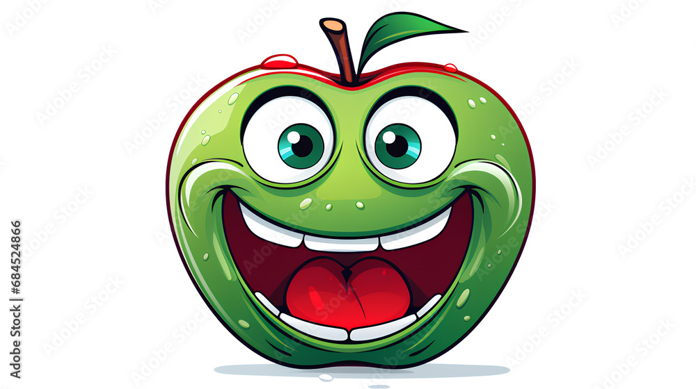 Obraz premium A cartoon apple with wide, googly eyes and a tongue sticking out in a zany expression isolated on a transparent bakcground, Generative AI