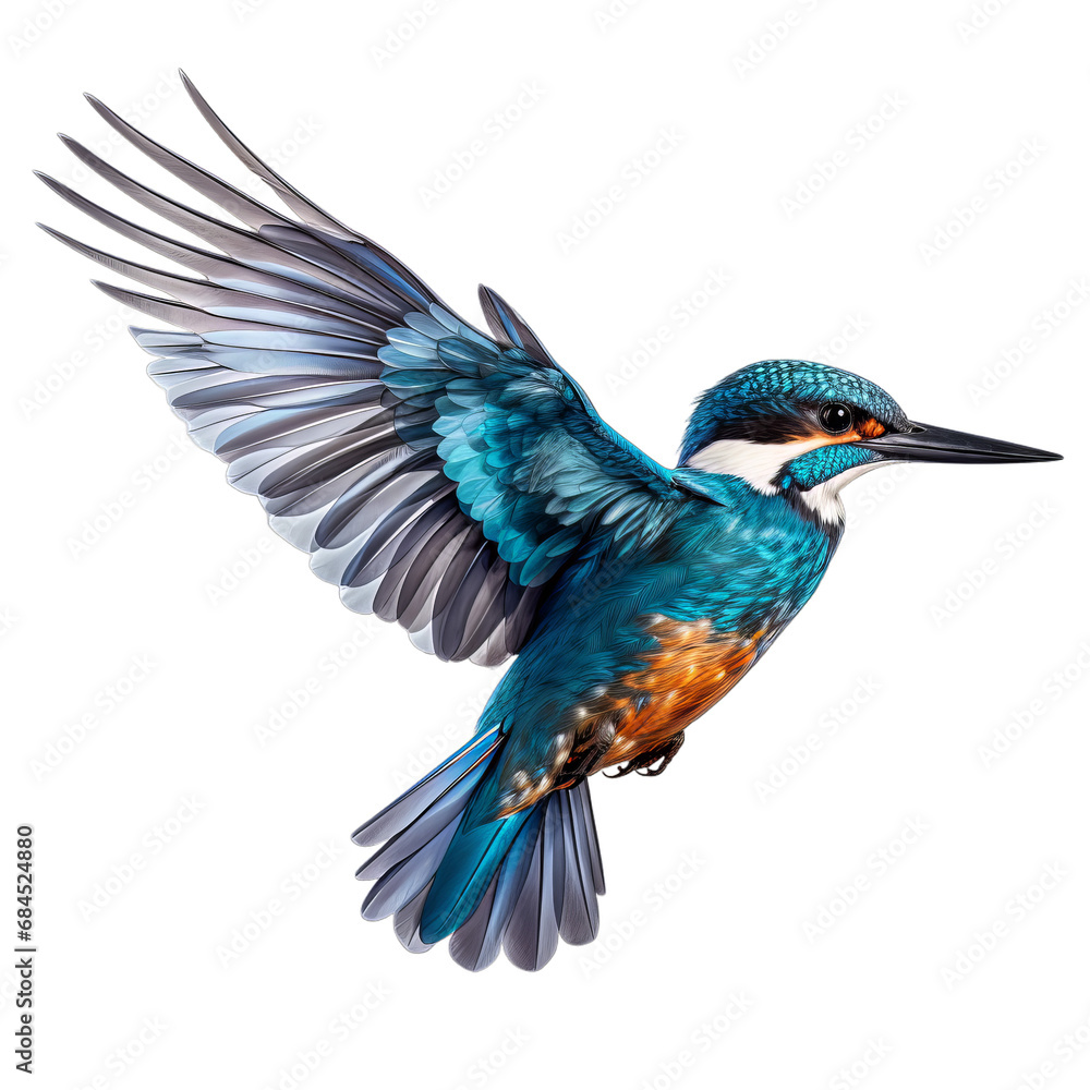 Obraz premium Flying kingfisher with wings spread isolated.