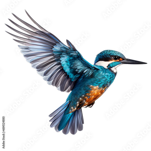 Flying kingfisher with wings spread isolated.