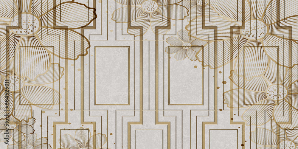 Fototapeta premium decorative structure 3d interior wall, geometric floral golden background.