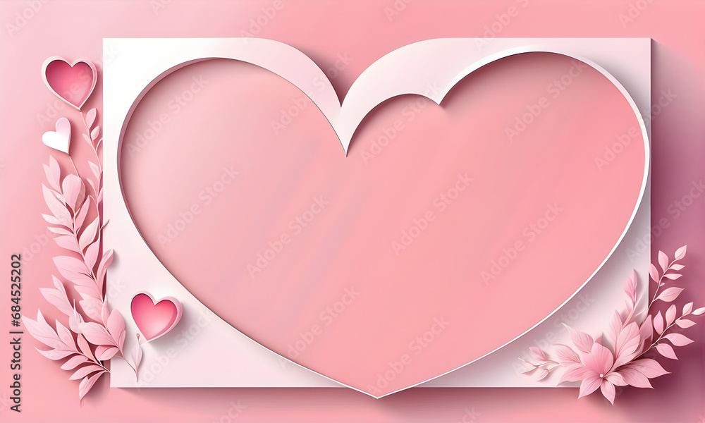 An empty template decorated with hearts and flowers against a pastel pink background. wedding banner, wedding background. Valentine's Day Banner. Generative AI