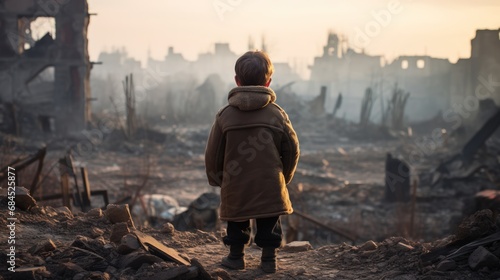 Child stands in front of the ruins destroyed in the war. photo