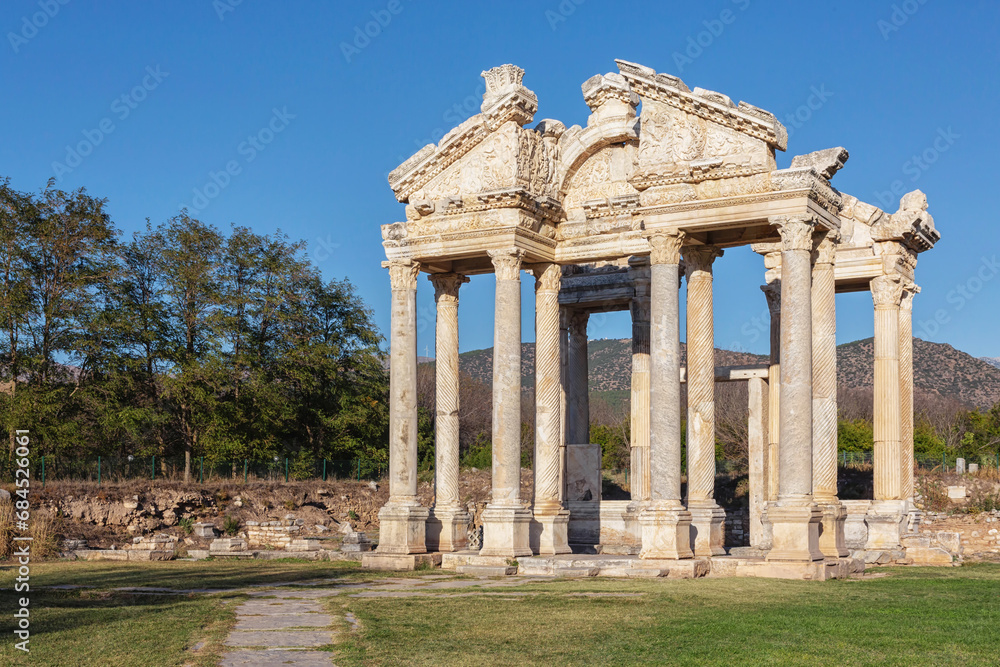 Tetrapylon. The monumental gateway to the Temple of Aphrodite in ancient Aphrodisias. Turkey (Turkiye)