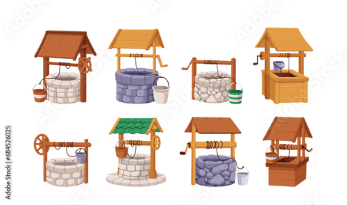 Water wells with buckets on ropes set. Old ancient sources from wood planks, stone, rocks. Traditional countryside structures for deep springs. Flat vector illustrations isolated on white background