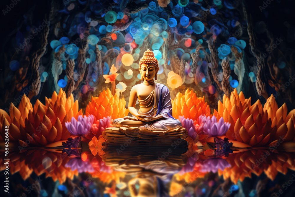 Glowing golden buddha with colorful paper cut flowers - obrazy, fototapety, plakaty 
