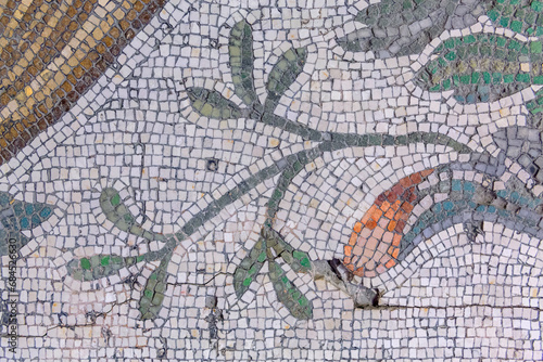 Plants and flower, close up fragment of ancient mosaic from Istanbul. Byzantine period, fragment of floor