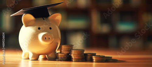 Piggy bank student loan and affordable tuition and education concept. With copy space. photo