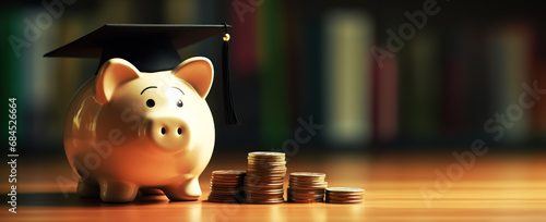 Piggy bank student loan and affordable tuition and education concept. With copy space.