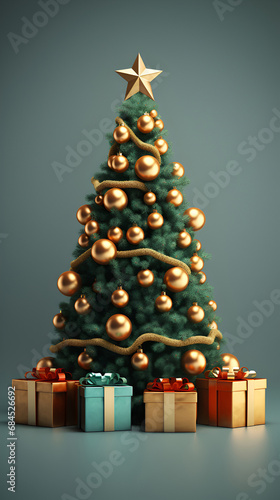 3d rendering christmas tree with golden decorations and gifts on studio gray background with copy space, modern minimalism concept merry christmas and happy new year