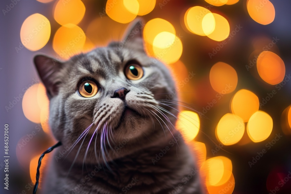 A Curious Gray Cat Gazing Up at a Vibrant Christmas Tree with Twinkling Lights