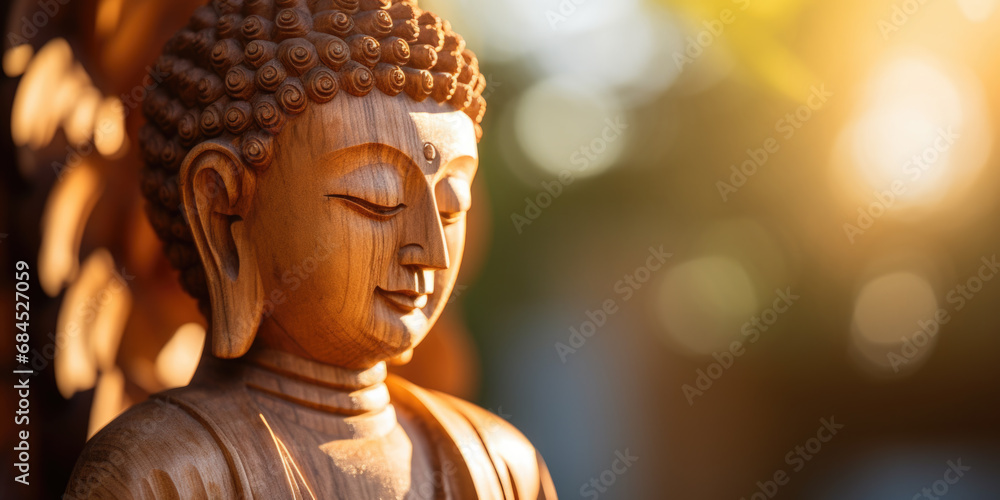 Buddha sculpture made of wood practicing mindful meditation in the sunrise