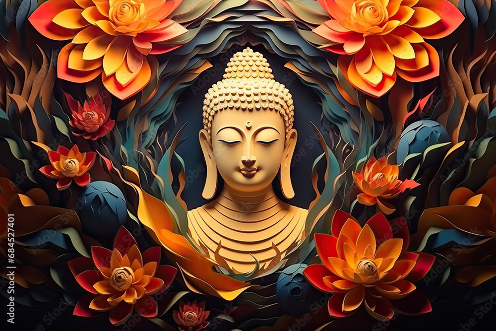 Glowing golden buddha with colorful paper cut flowers