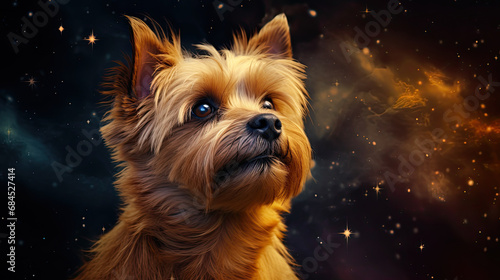 close up golden terrier dog with starry night sky