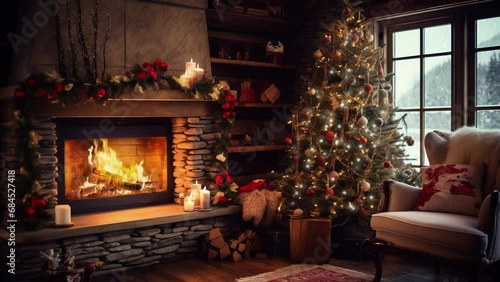 Christmas cozy interior with tree and fireplace