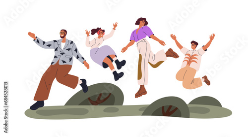 Happy family with kids jumping, having fun. Joyful mom, dad, siblings. Rejoicing smiling mother, father, children, brother and sister. Flat graphic vector illustration isolated on white background