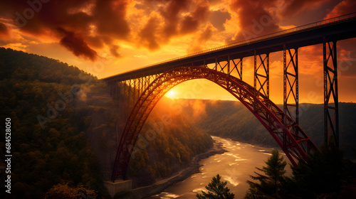 Sunset at the New River Gorge Bridge in West Virginia. generative ai. photo