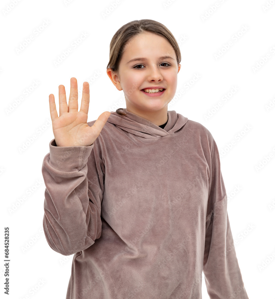 Portrait of sociable cheerful friendly girl waving raised palm, isolated on white background. Shoolgirl in pink sweatshirt Say HI, HELLO, greeting you, welcoming guests. Portrait of sociable cheerful friendly girl waving raised palm, isolated on white background. Shoolgirl in pink sweatshirt Say HI, HELLO, greeting you, welcoming guests.