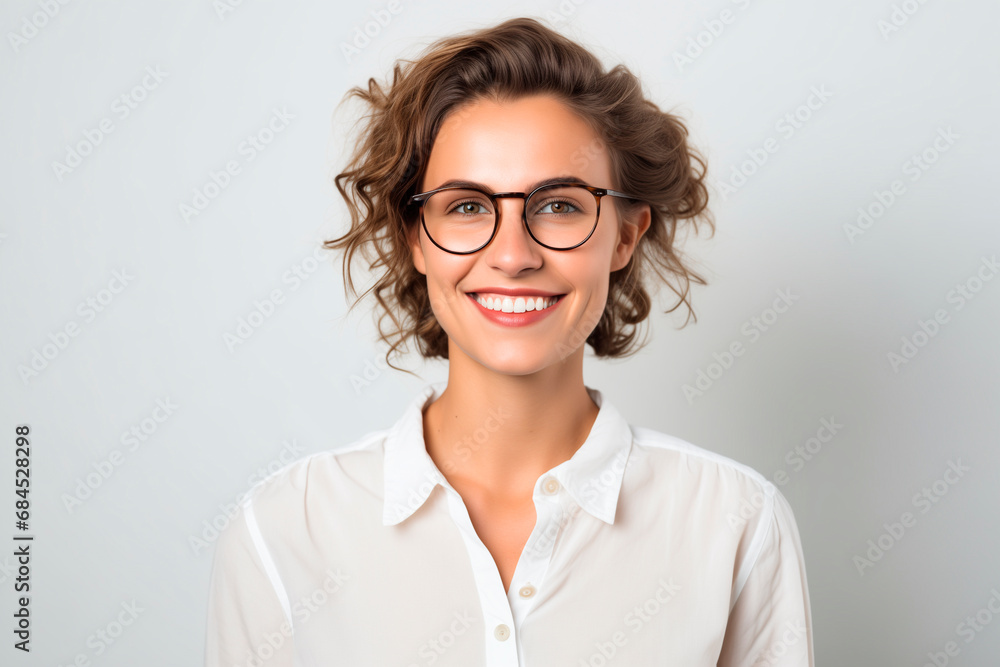smiling European woman in her 30s. white background
