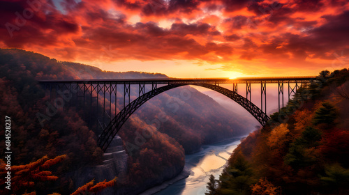 Sunset at the New River Gorge Bridge in West Virginia. generative ai.