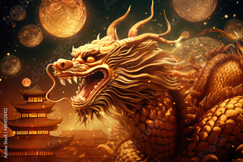 Golden dragon with nature background  happy lunar new year 2024 