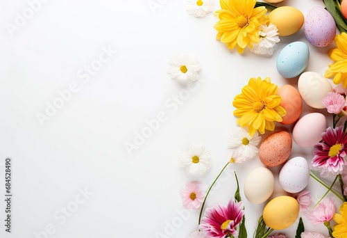 Easter eggs  colorful flowers on pastel white background.