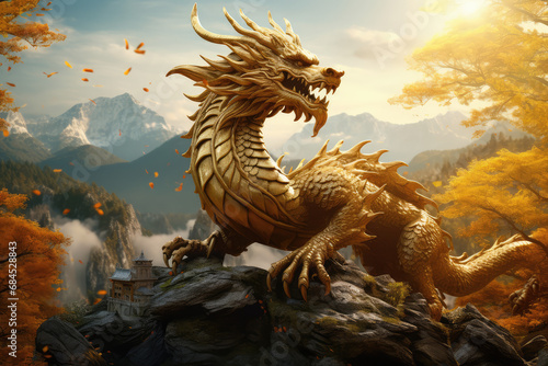 Golden dragon with nature background, happy lunar new year 2024  photo