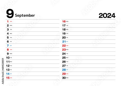 予定が書込みできる2024年のスケジュールカレンダー_09月