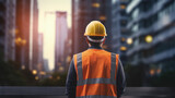 construction engineer standing with his back and watches at a skyscraper building construction. wearing a helmet and orange safety vest. working as a architect.